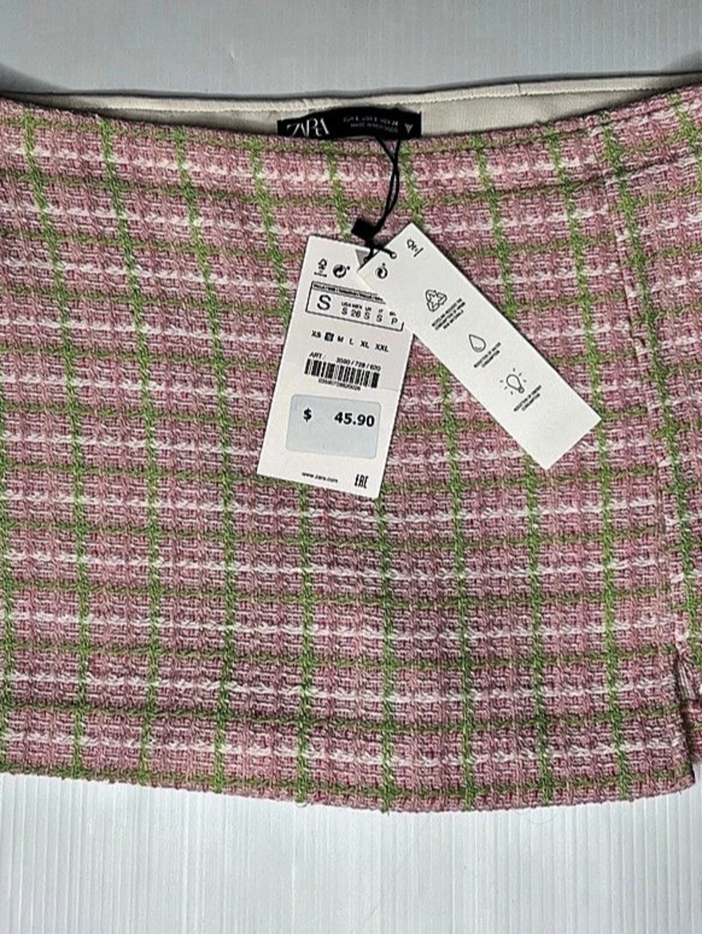 Zara Pink and Green Tweed Skort Plaid High Waist Shorts Size S